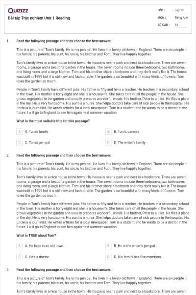 Bài tập Trắc nghiệm Unit 1 Reading