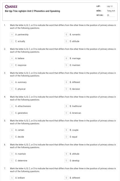 Bài tập Trắc nghiệm Unit 2 Phonetics and Speaking