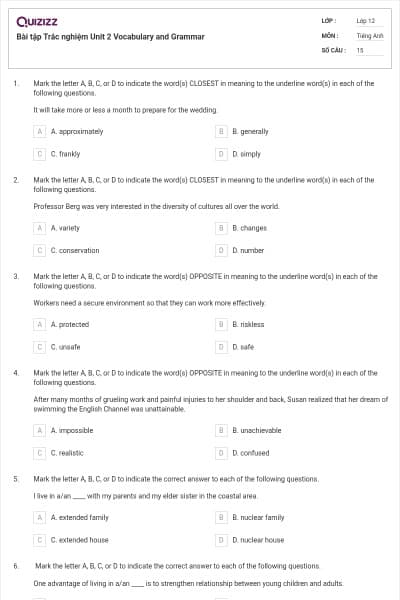 Bài tập Trắc nghiệm Unit 2 Vocabulary and Grammar