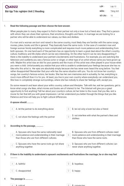 Bài tập Trắc nghiệm Unit 2 Reading