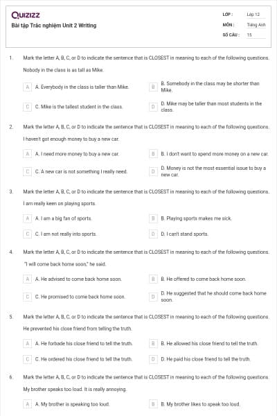 Bài tập Trắc nghiệm Unit 2 Writing