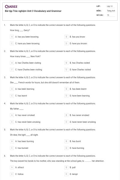 Bài tập Trắc nghiệm Unit 3 Vocabulary and Grammar