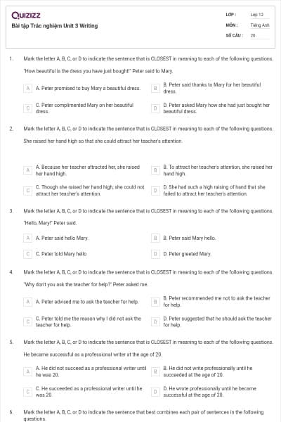 Bài tập Trắc nghiệm Unit 3 Writing
