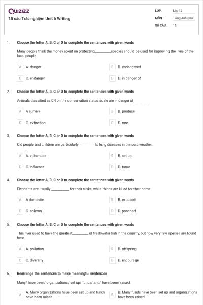 15 câu  Trắc nghiệm Unit 6 Writing