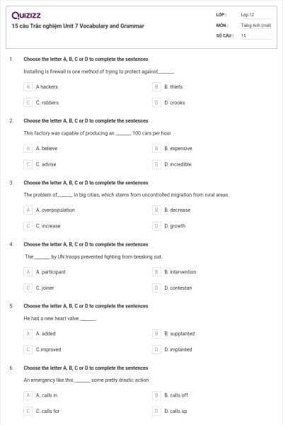15 câu  Trắc nghiệm Unit 7 Vocabulary and Grammar