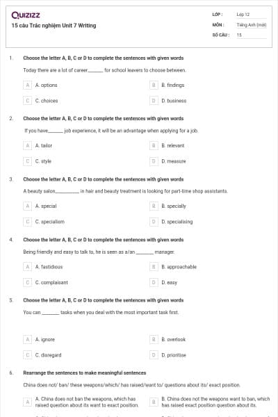 15 câu  Trắc nghiệm Unit 7 Writing