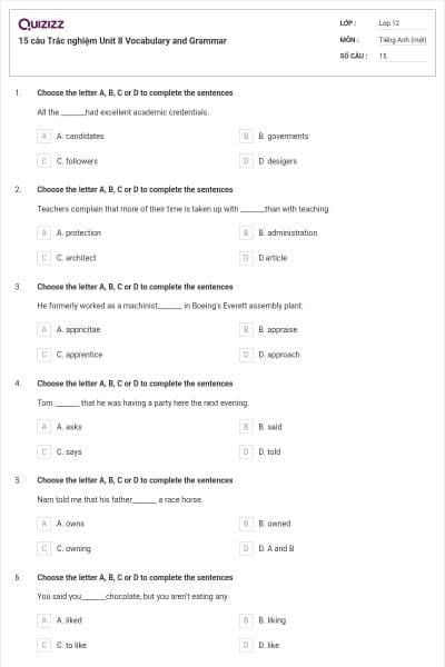 15 câu  Trắc nghiệm Unit 8 Vocabulary and Grammar