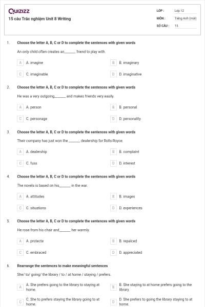 15 câu  Trắc nghiệm Unit 8 Writing