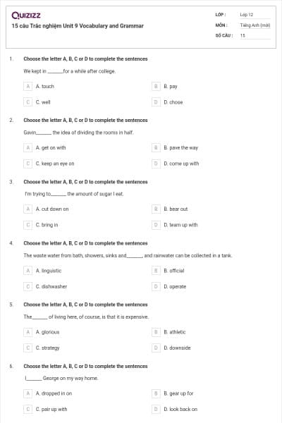 15 câu  Trắc nghiệm Unit 9 Vocabulary and Grammar