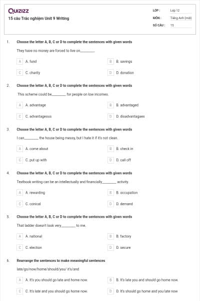 15 câu  Trắc nghiệm Unit 9 Writing