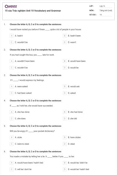 15 câu Trắc nghiệm Unit 10 Vocabulary and Grammar