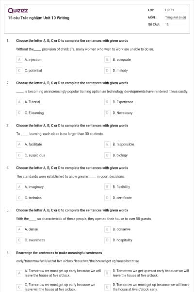 15 câu  Trắc nghiệm Unit 10 Writing