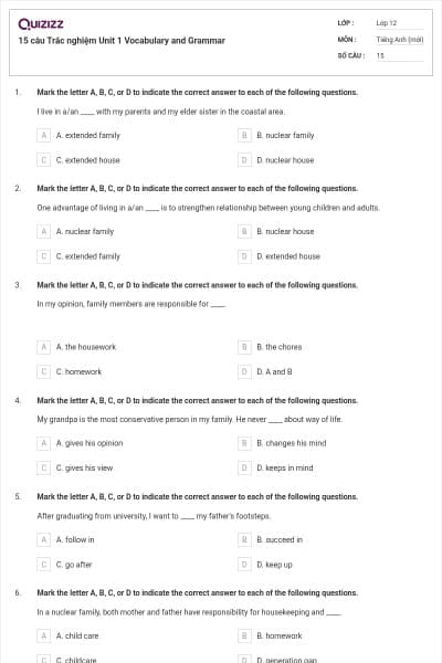 15 câu  Trắc nghiệm Unit 1 Vocabulary and Grammar