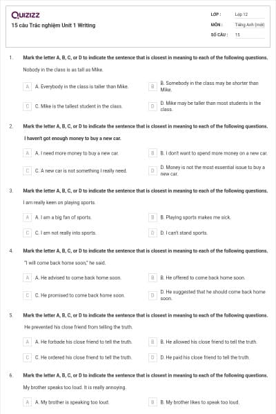 15 câu  Trắc nghiệm Unit 1 Writing