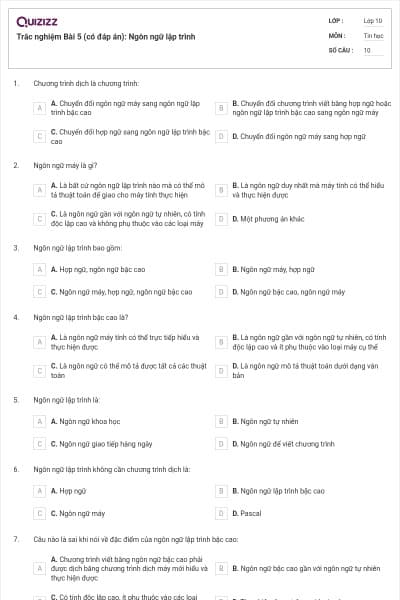 Trắc nghiệm Bài 5 (có đáp án): Ngôn ngữ lập trình