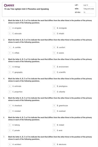 15 câu  Trắc nghiệm Unit 2 Phonetics and Speaking