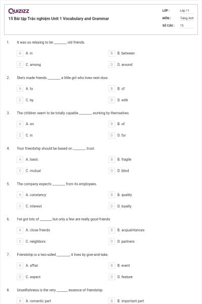 15 Bài tập Trắc nghiệm Unit 1 Vocabulary and Grammar