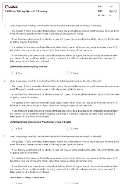 15 Bài tập Trắc nghiệm Unit 1 Reading