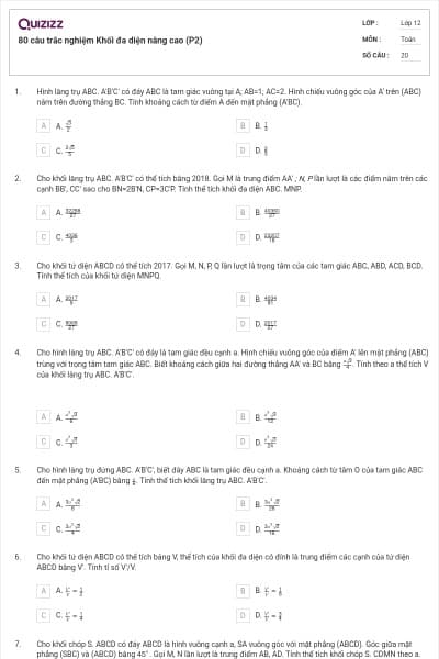 80 câu trắc nghiệm Khối đa diện nâng cao (P2)