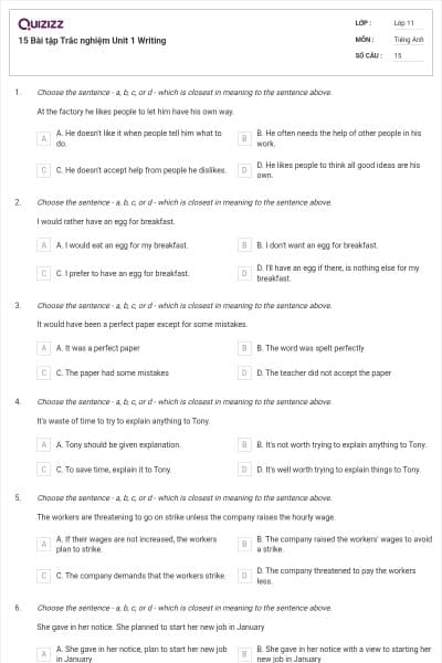 15 Bài tập Trắc nghiệm Unit 1 Writing
