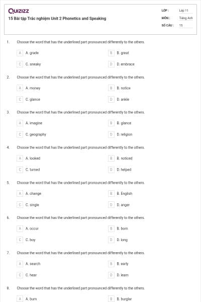 15 Bài tập Trắc nghiệm Unit 2 Phonetics and Speaking