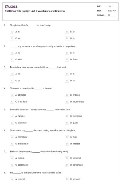15 Bài tập Trắc nghiệm Unit 2 Vocabulary and Grammar