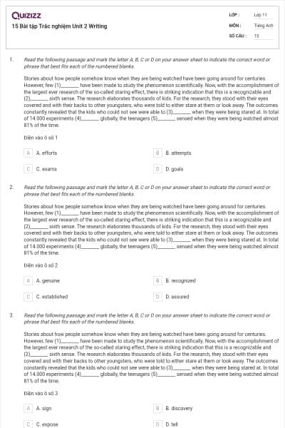 15 Bài tập Trắc nghiệm Unit 2 Writing