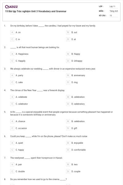 15 Bài tập Trắc nghiệm Unit 3 Vocabulary and Grammar
