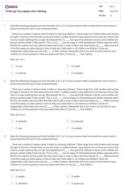 15 Bài tập Trắc nghiệm Unit 3 Writing