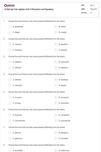 15 Bài tập Trắc nghiệm Unit 4 Phonetics and Speaking
