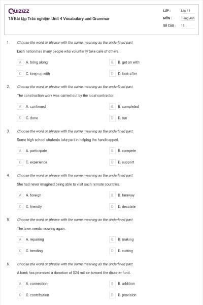 15 Bài tập Trắc nghiệm Unit 4 Vocabulary and Grammar