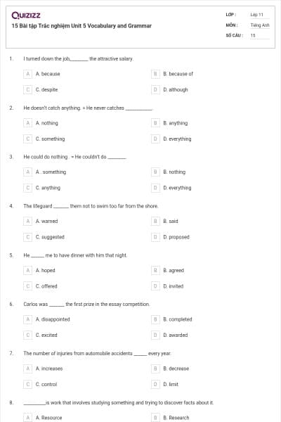15 Bài tập Trắc nghiệm Unit 5 Vocabulary and Grammar
