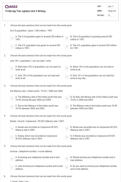 15 Bài tập Trắc nghiệm Unit 5 Writing