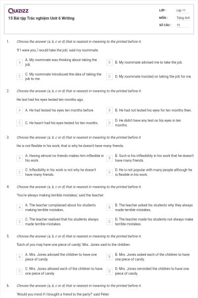 15 Bài tập Trắc nghiệm Unit 6 Writing