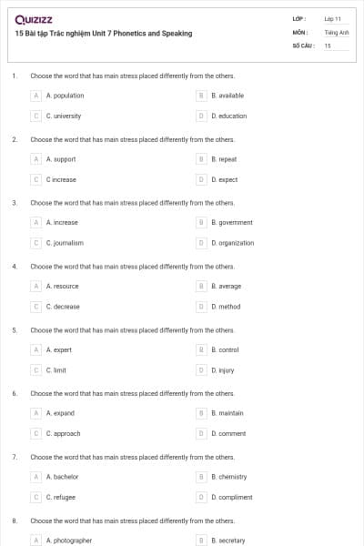 15 Bài tập Trắc nghiệm Unit 7 Phonetics and Speaking