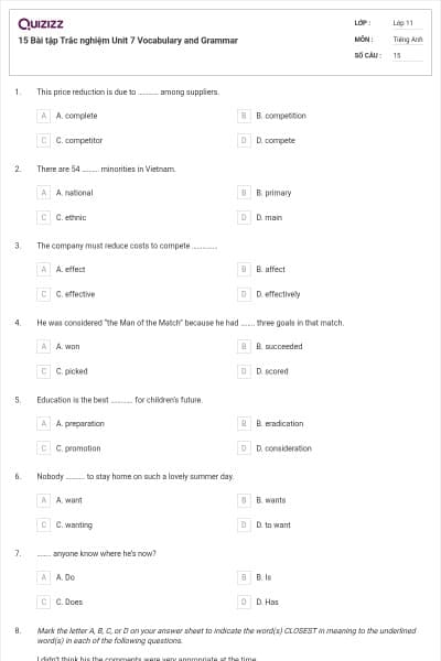 15 Bài tập Trắc nghiệm Unit 7 Vocabulary and Grammar