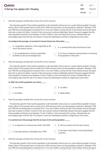15 Bài tập Trắc nghiệm Unit 7 Reading