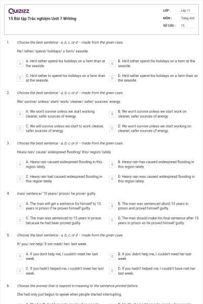 15 Bài tập Trắc nghiệm Unit 7 Writing