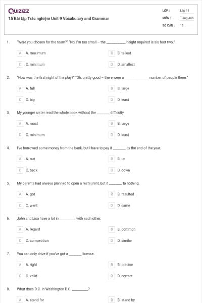 15 Bài tập Trắc nghiệm Unit 9 Vocabulary and Grammar