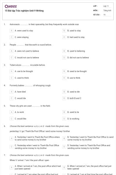 15 Bài tập Trắc nghiệm Unit 9 Writing