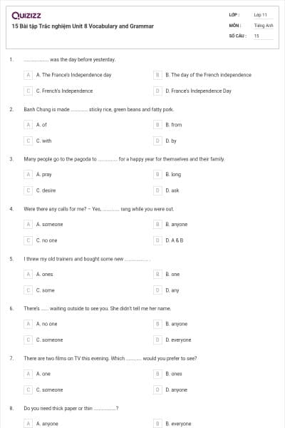 15 Bài tập Trắc nghiệm Unit 8 Vocabulary and Grammar