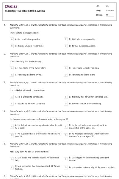 15 Bài tập Trắc nghiệm Unit 8 Writing