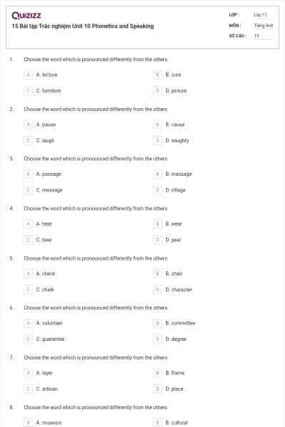 15 Bài tập Trắc nghiệm Unit 10 Phonetics and Speaking