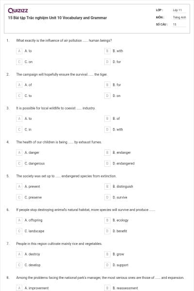 15 Bài tập Trắc nghiệm Unit 10 Vocabulary and Grammar