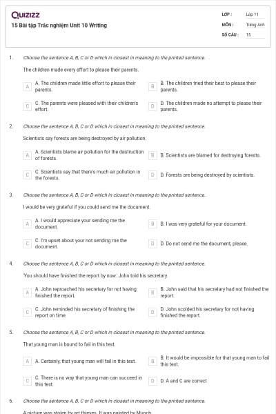 15 Bài tập Trắc nghiệm Unit 10 Writing