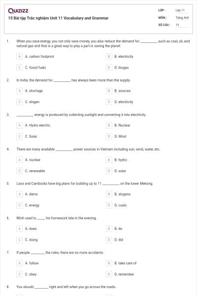 15 Bài tập Trắc nghiệm Unit 11 Vocabulary and Grammar