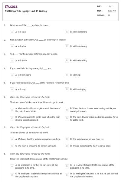 15 Bài tập Trắc nghiệm Unit 11 Writing