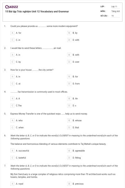 15 Bài tập Trắc nghiệm Unit 12 Vocabulary and Grammar