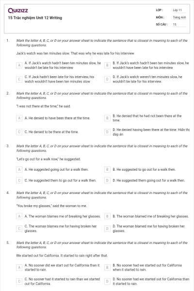 15 Trắc nghiệm Unit 12 Writing