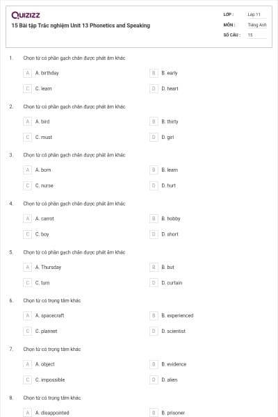 15 Bài tập Trắc nghiệm Unit 13 Phonetics and Speaking